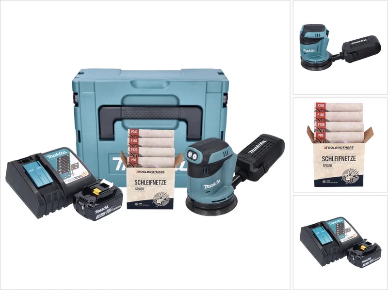 DBO 180 RF1J accu-excentrische schuurmachine 18 V 125 mm + 1x accu 3,0 Ah + oplader + Toolbrothers SPIDER schuurset netschuurmiddelen + Makpac by Makita – product image