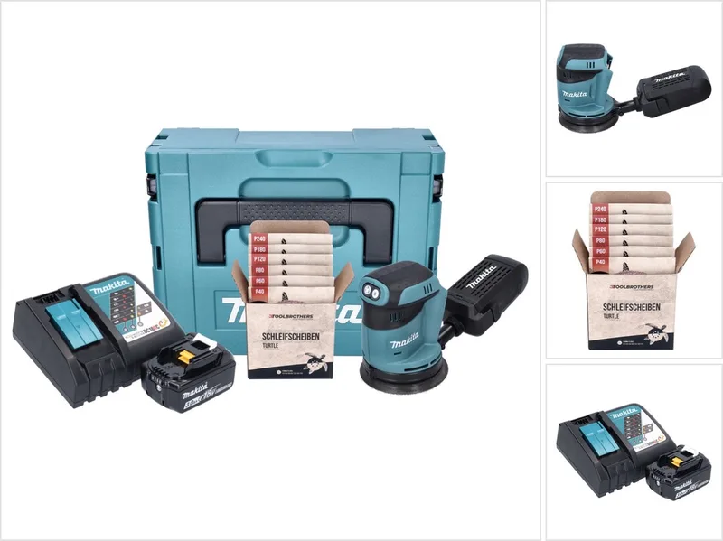 DBO 180 RF1J accu excentrische schuurmachine 18 V 125 mm + 1x accu 3,0 Ah + oplader + Toolbrothers TURTLE schuurset + Makpac de Makita – image du produit