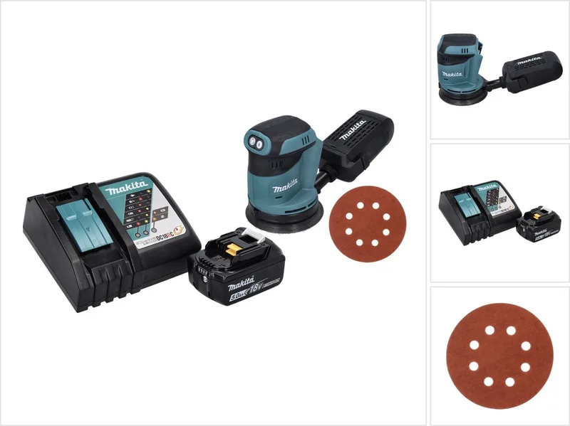 DBO 180 RT1 accu excentrische schuurmachine 18 V 125 mm + 1x accu 5.0 Ah + lader + 50x schuurpapier K 320 van Makita – productafbeelding