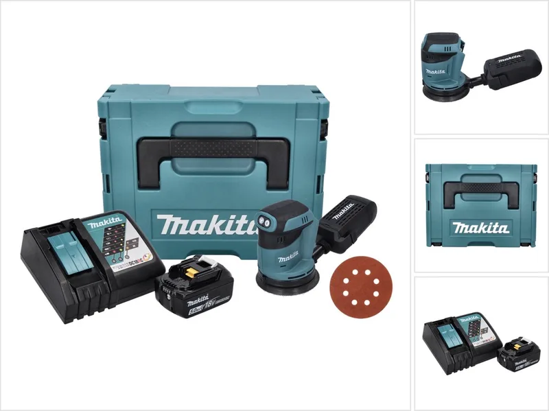 DBO 180 RT1J 18 V 125 mm accu excentrische schuurmachine + 1x oplaadbare accu 5.0 Ah + lader + 50x K 320 schuurpapier + Makpac de Makita – image du produit