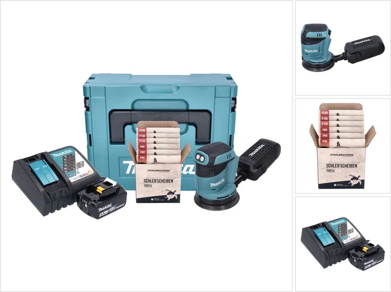 DBO 180 RT1J accu excentrische schuurmachine 18 V 125 mm + 1x accu 5,0 Ah + oplader + Toolbrothers TURTLE schuurset + Makpac de Makita – image du produit