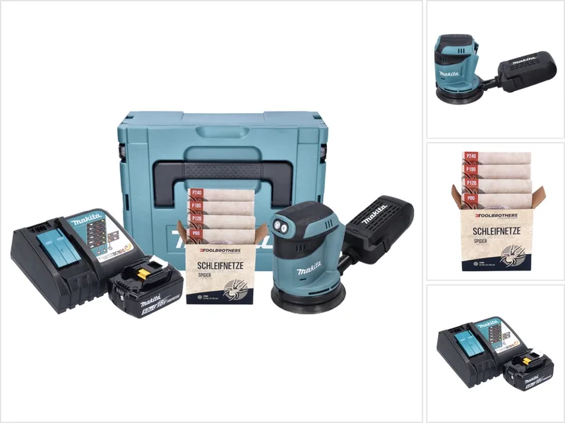 DBO 180 RT1J accu excentrische schuurmachine 18 V 125 mm + 1x accu 5,0 Ah + oplader + Toolbrothers SPIDER schuurset netschuurmiddelen + Makpac från Makita – produktbild