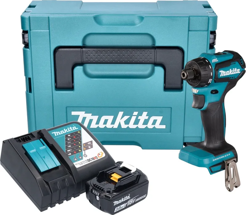 DDF 083 RF1J Accuboormachine 18 V 40 Nm 1/4'' borstelloos + 1x oplaadbare accu 3.0 Ah + lader + Makpac de Makita – image du produit