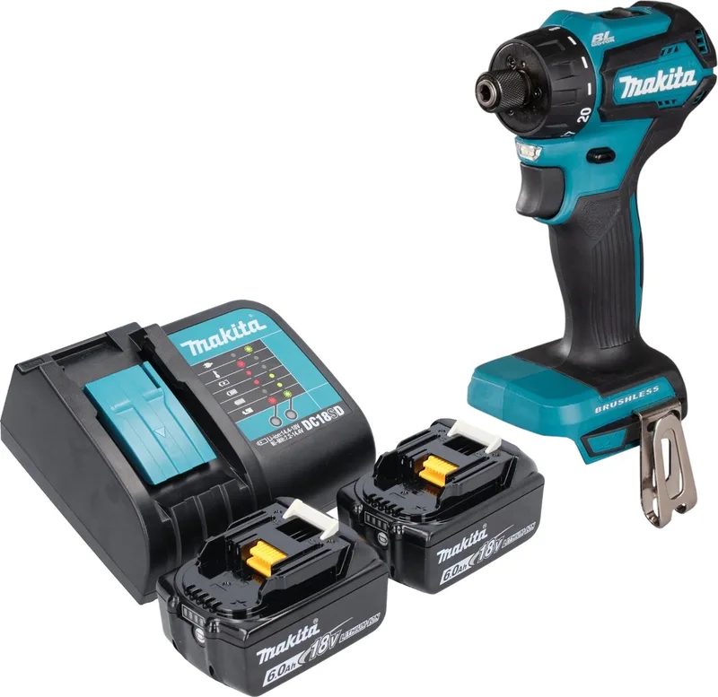 DDF 083 SG accuboormachine 18 V 40 Nm 1/4'' borstelloos + 2x accu 6.0 Ah + lader de Makita – image du produit