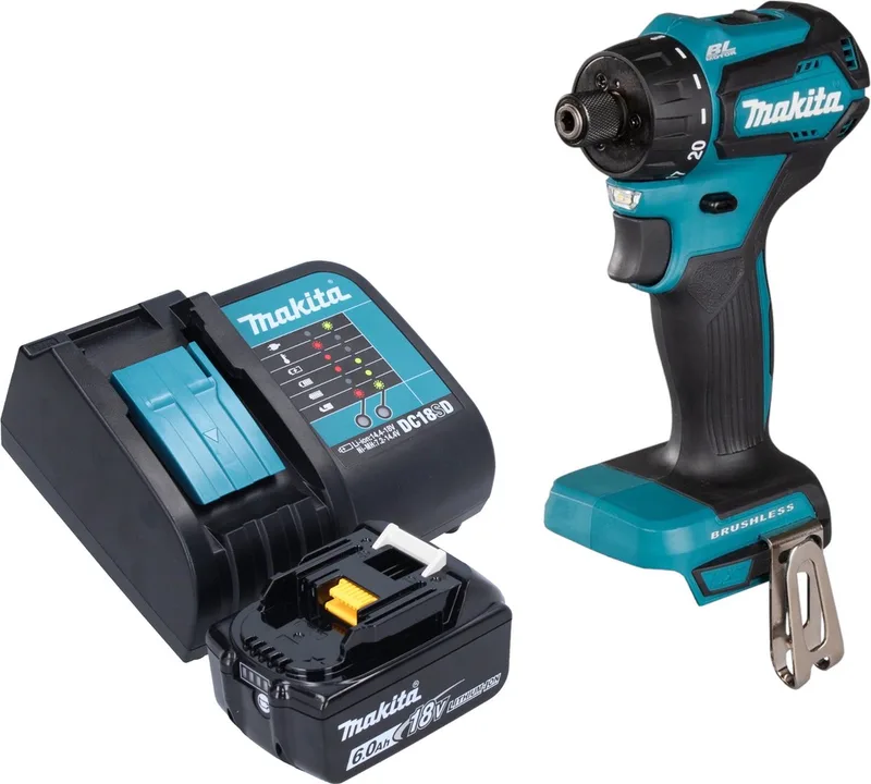 DDF 083 SG1 accuboormachine 18 V 40 Nm 1/4'' borstelloos + 1x oplaadbare accu 6.0 Ah + lader van Makita – productafbeelding