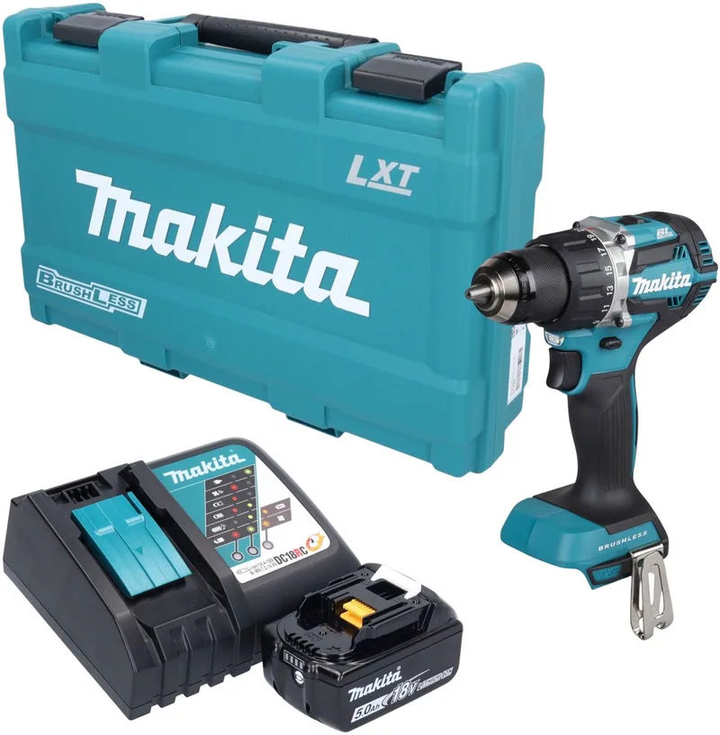 DDF 484 RT1K accuboormachine 18 V 54 Nm borstelloos + 1x accu 5,0 Ah + oplader + koffer fra Makita – produktbillede