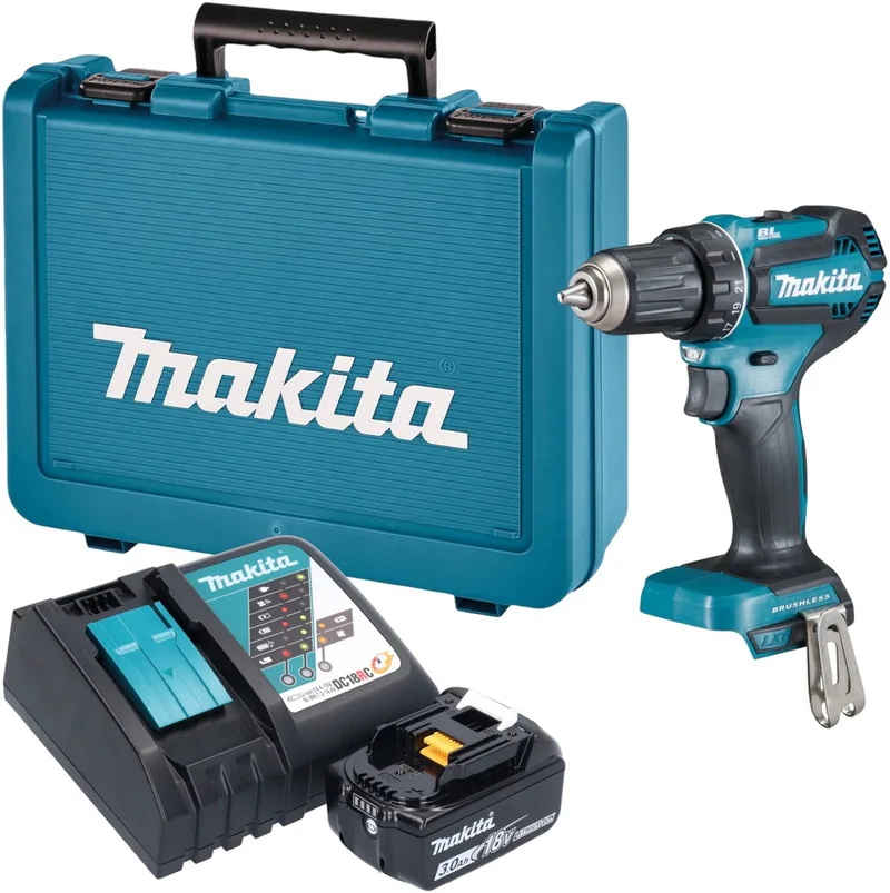 DDF 485 RF1E accuboormachine 18 V 50 Nm borstelloos + 1x accu 3,0 Ah + oplader + koffer de Makita – image du produit