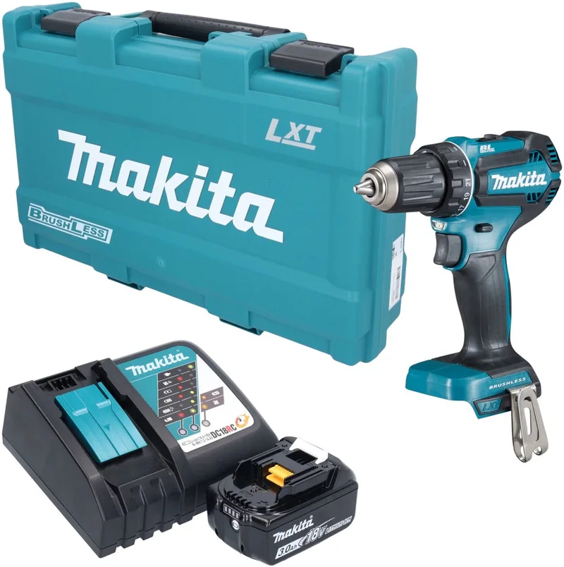 DDF 485 RF1K accuboormachine 18 V 50 Nm borstelloos + 1x accu 3,0 Ah + oplader + koffer fra Makita – produktbillede