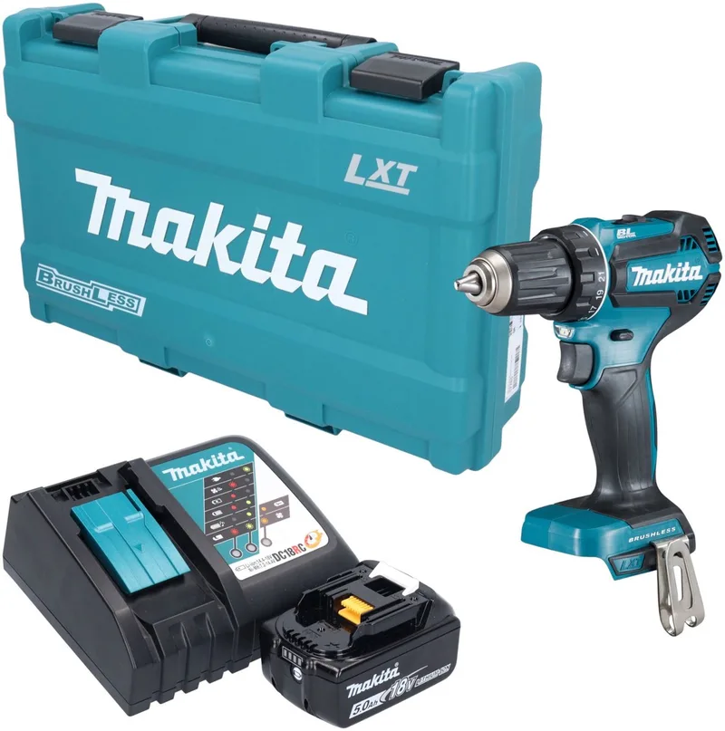DDF 485 RT1K accuboormachine 18 V 50 Nm borstelloos + 1x accu 5,0 Ah + oplader + koffer de Makita – image du produit