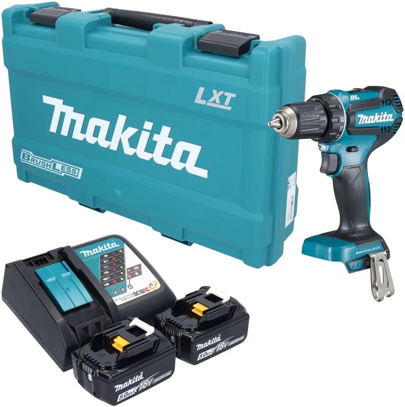 DDF 485 RTK accuboormachine 18 V 50 Nm borstelloos + 2x accu 5,0 Ah + oplader + koffer von Makita – Produktbild