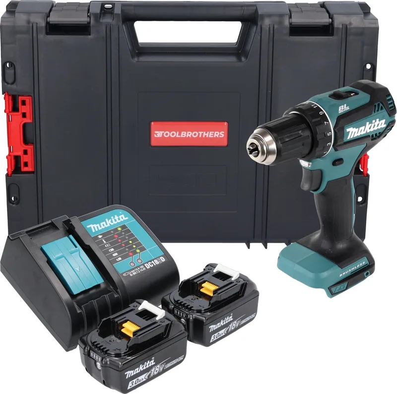 DDF 485 SFJ-R accuboormachine 18 V 50 Nm borstelloos + 2x accu 3,0 Ah + oplader + RHINO de Makita – image du produit