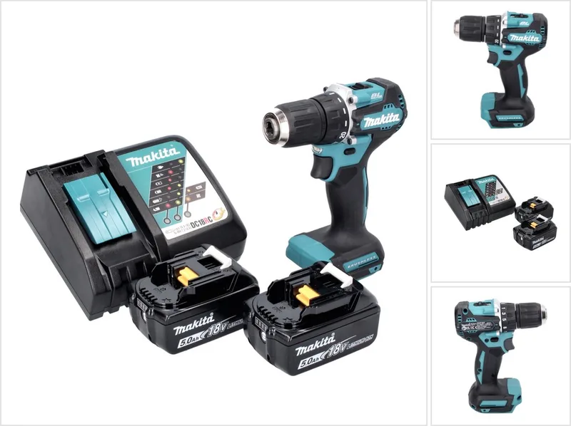 DDF 487 RT accuboormachine 18 V 40 Nm borstelloos + 2x accu 5.0 Ah + lader von Makita – Produktbild