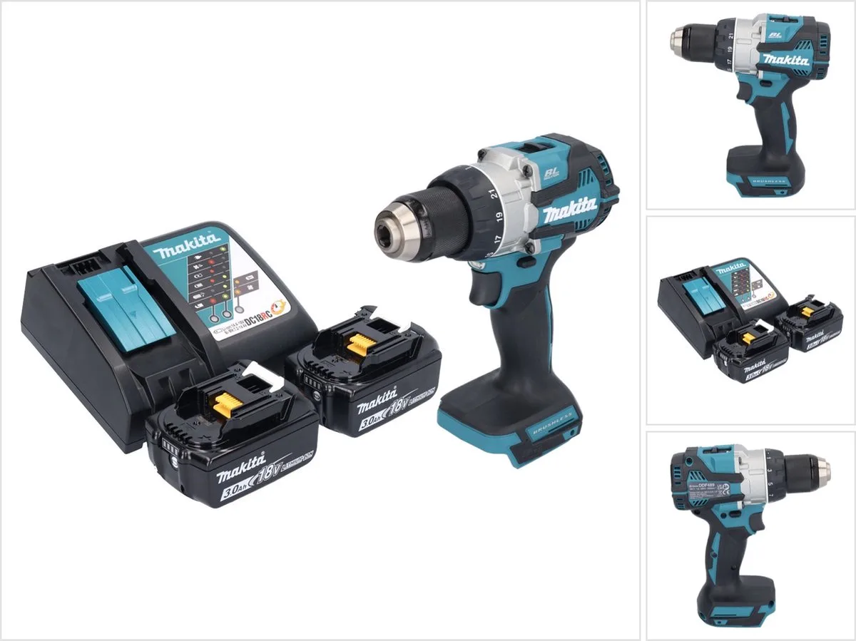 DDF 489 RF accuboormachine 18 V 73 Nm borstelloos + 2x accu 3.0 Ah + lader de Makita – image du produit