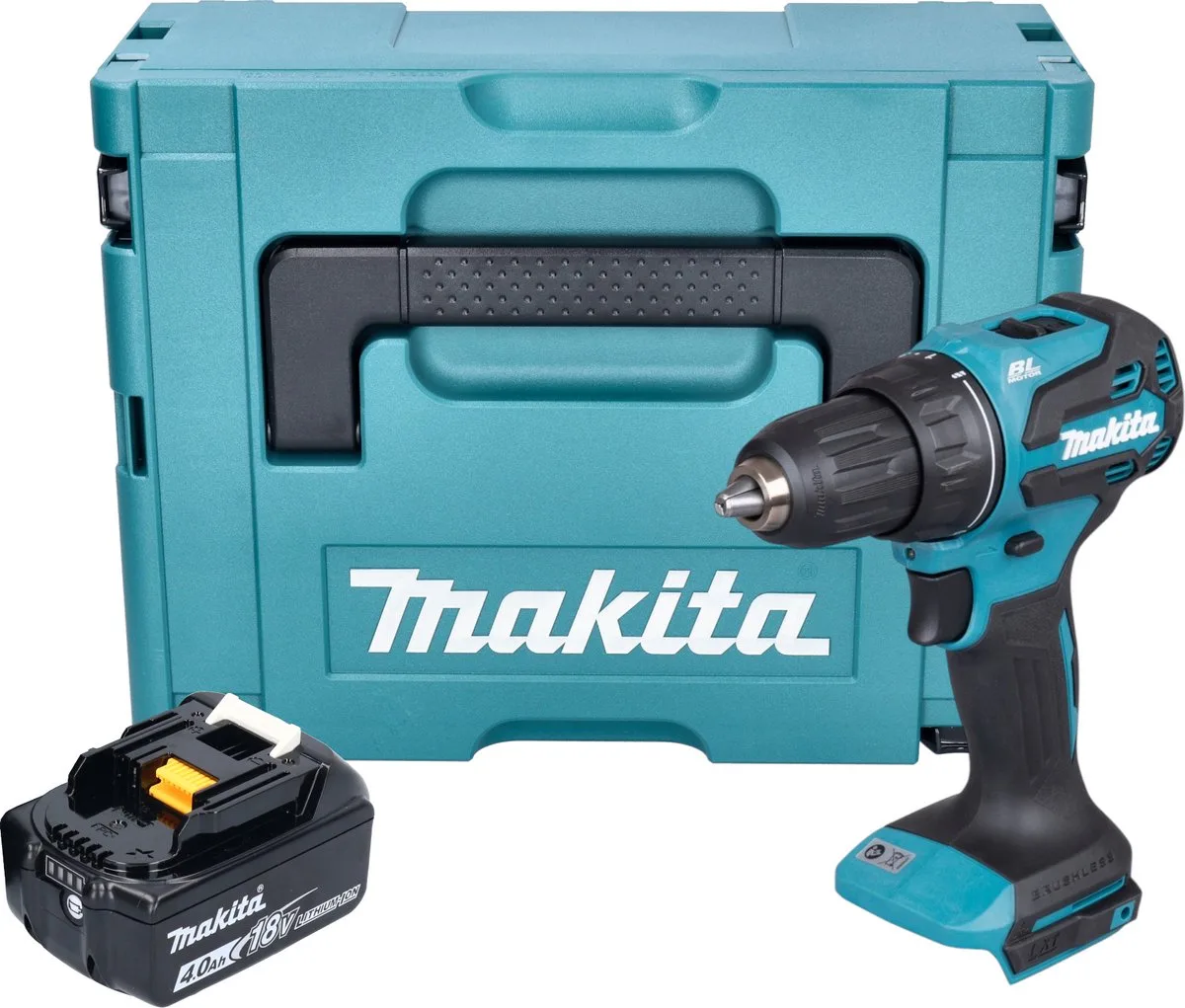 DDF 490 M1J accuboormachine 18 V 65 Nm 1/2" borstelloos + 1x accu 4.0 Ah + Makpac - zonder lader von Makita – Produktbild