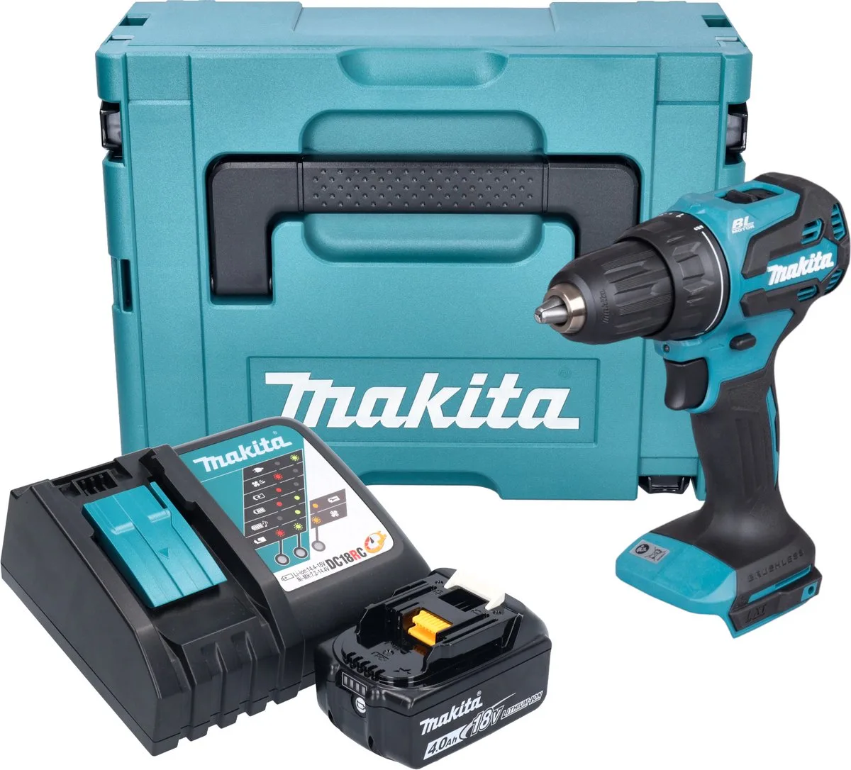 DDF 490 RM1J accuboormachine 18 V 65 Nm 1/2" borstelloos + 1x oplaadbare accu 4.0 Ah + lader + Makpac van Makita – productafbeelding