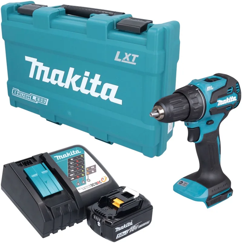 DDF 490 RT1K accuboormachine 18 V 65 Nm borstelloos + 1x accu 5,0 Ah + oplader + koffer de Makita – image du produit