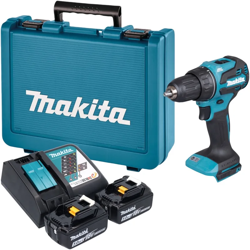 DDF 490 RTE accuboormachine 18 V 65 Nm borstelloos + 2x accu 5,0 Ah + oplader + koffer fra Makita – produktbillede