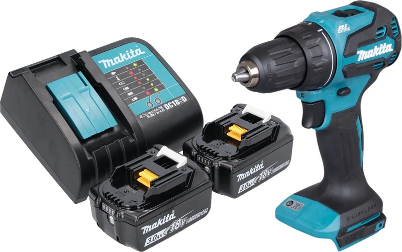 DDF 490 SF accuboormachine 18 V 65 Nm 1/2" borstelloos + 2x accu 3.0 Ah + lader von Makita – Produktbild