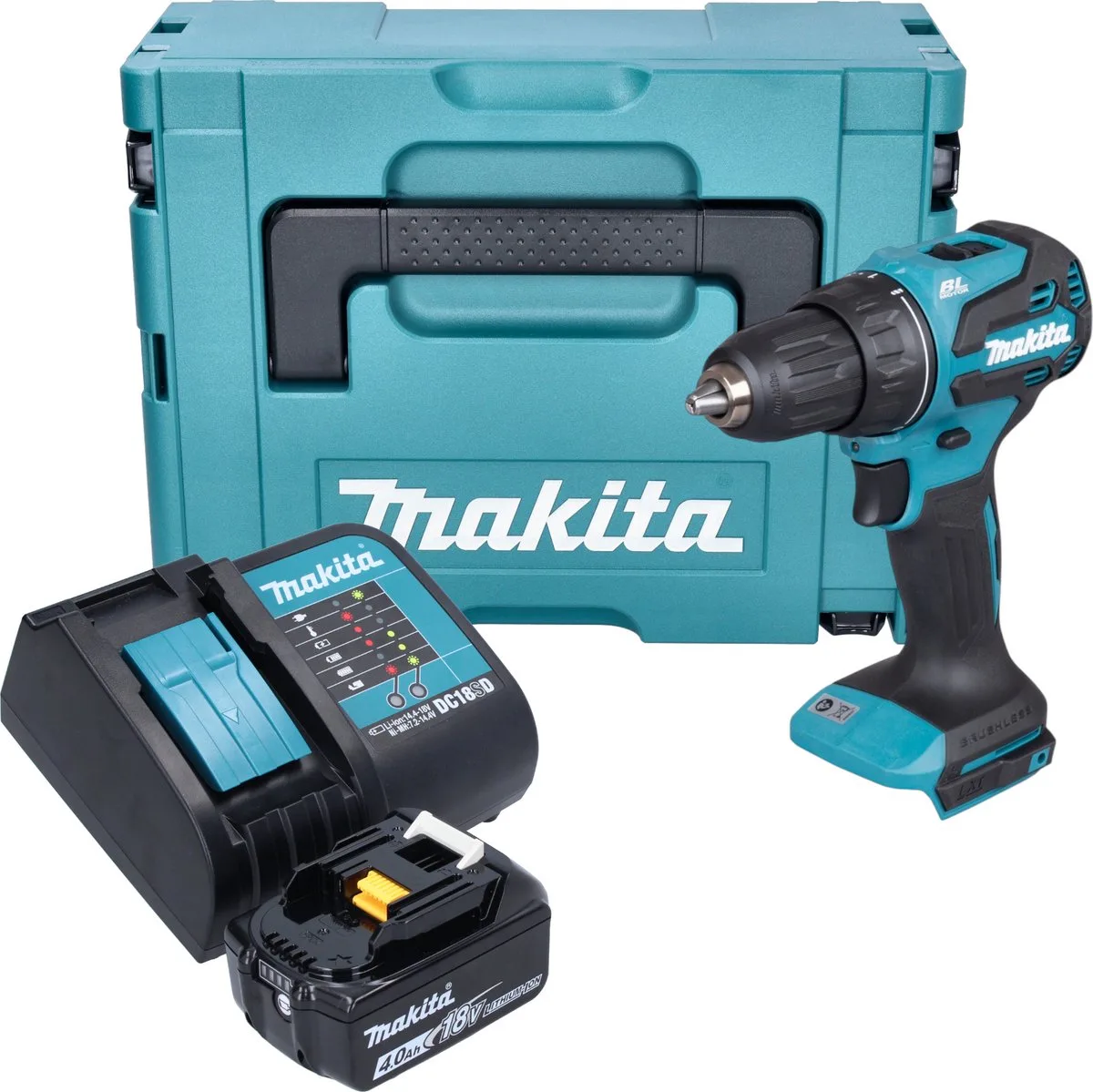 DDF 490 SM1J accuboormachine 18 V 65 Nm 1/2" borstelloos + 1x accu 4.0 Ah + lader + Makpac von Makita – Produktbild