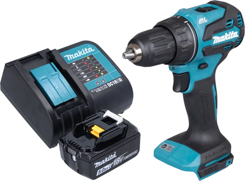 DDF 490 ST1 accuschroefboormachine 18 V 65 Nm 1/2" borstelloos + 1x oplaadbare accu 5.0 Ah + oplader de Makita – image du produit