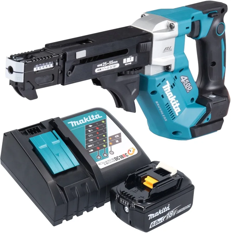 DFR 552 RG1 accu-magazijnschroevendraaier 18 V 25 - 55 mm borstelloos + 1x accu 6.0 Ah + lader van Makita – productafbeelding