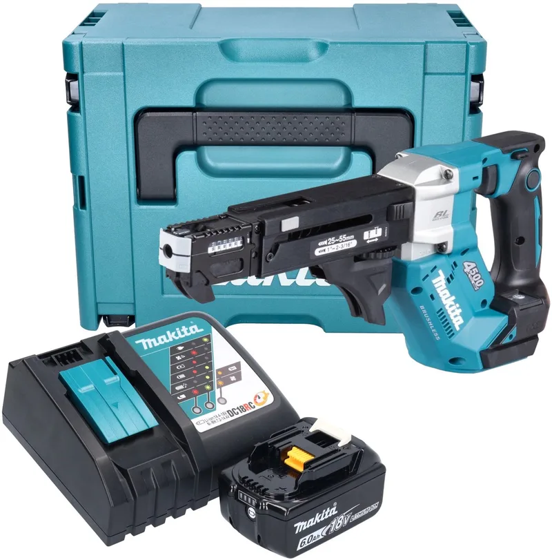 DFR 552 RG1J Accu-magazijnschroevendraaier 18 V 25 - 55 mm borstelloos + 1x accu 6.0 Ah + lader + Makpac van Makita – productafbeelding