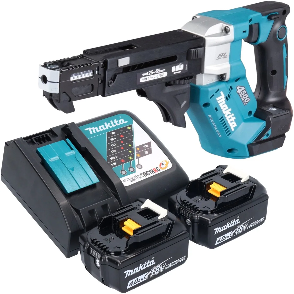 DFR 552 RM accu-magazijnschroevendraaier 18 V 25 - 55 mm borstelloos + 2x accu 4.0 Ah + lader de Makita – image du produit