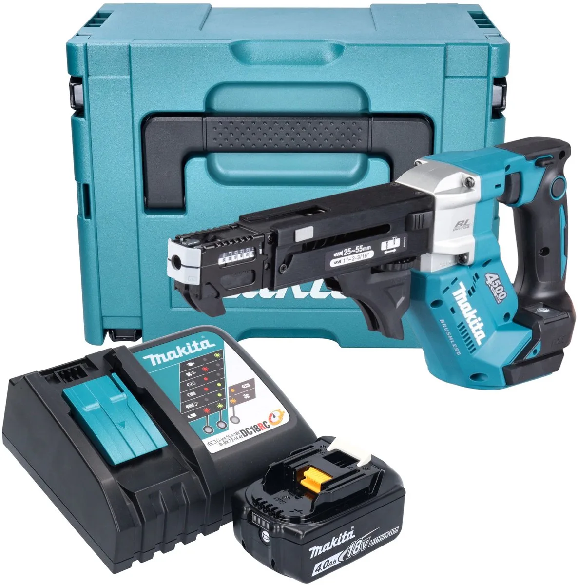 DFR 552 RM1J Accu-magazijnschroevendraaier 18 V 25 - 55 mm borstelloos + 1x accu 4.0 Ah + lader + Makpac van Makita – productafbeelding