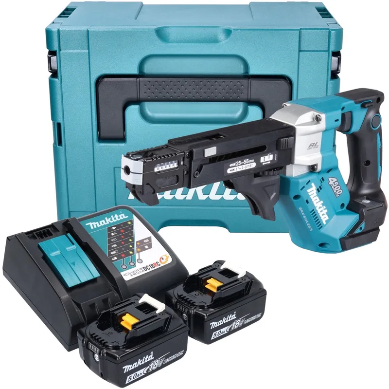 DFR 552 RTJ accu-magazijnschroevendraaier 18 V 25 - 55 mm borstelloos + 2x accu 5.0 Ah + lader + Makpac von Makita – Produktbild
