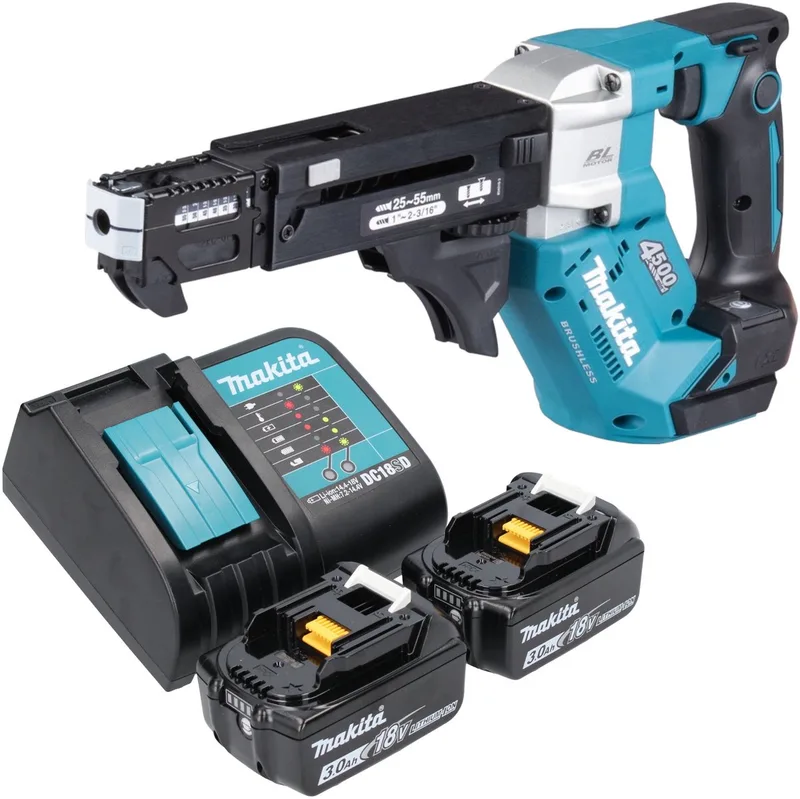 DFR 552 SF accu-magazijnschroevendraaier 18 V 25 - 55 mm borstelloos + 2x accu 3.0 Ah + lader van Makita – productafbeelding