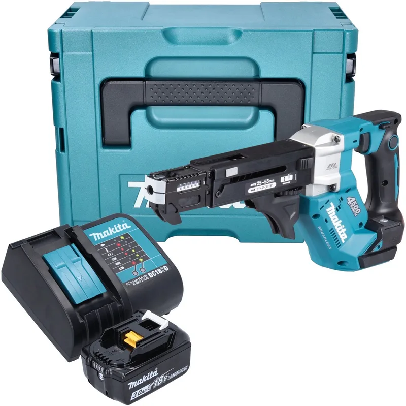 DFR 552 SF1J accu-magazijnschroevendraaier 18 V 25 - 55 mm borstelloos + 1x accu 3.0 Ah + lader + Makpac fra Makita – produktbillede