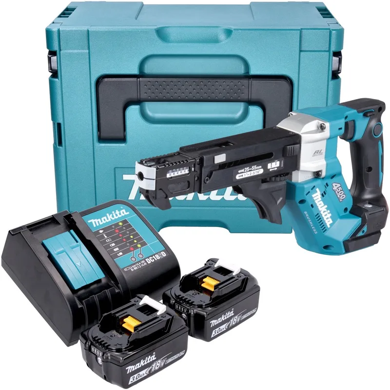 DFR 552 SFJ accu-magazijnschroevendraaier 18 V 25 - 55 mm borstelloos + 2x accu 3.0 Ah + lader + Makpac de Makita – image du produit