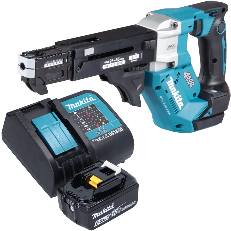 DFR 552 SG1 accu-magazijnschroevendraaier 18 V 25 - 55 mm borstelloos + 1x oplaadbare accu 6.0 Ah + lader van Makita – productafbeelding