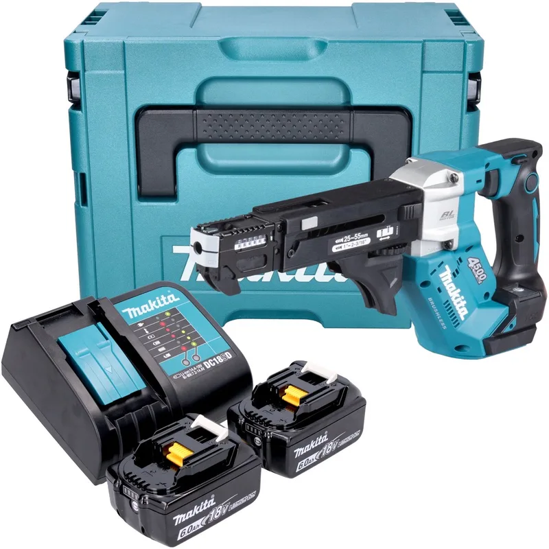 DFR 552 SGJ accu-magazijnschroevendraaier 18 V 25 - 55 mm borstelloos + 2x accu 6.0 Ah + lader + Makpac de Makita – image du produit
