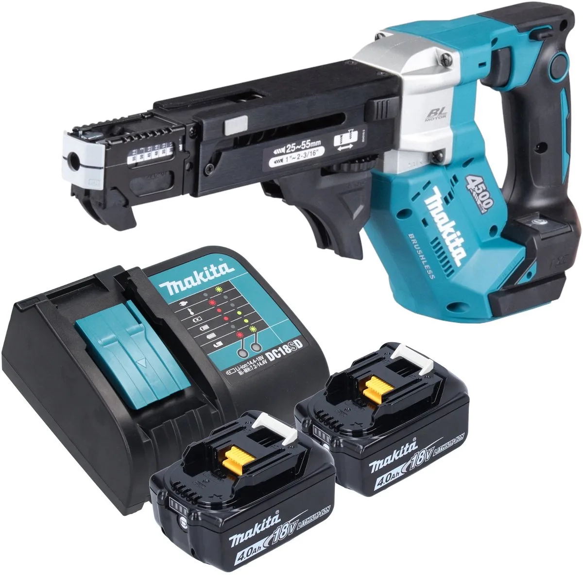 DFR 552 SM accu-magazijnschroevendraaier 18 V 25 - 55 mm borstelloos + 2x accu 4.0 Ah + lader van Makita – productafbeelding