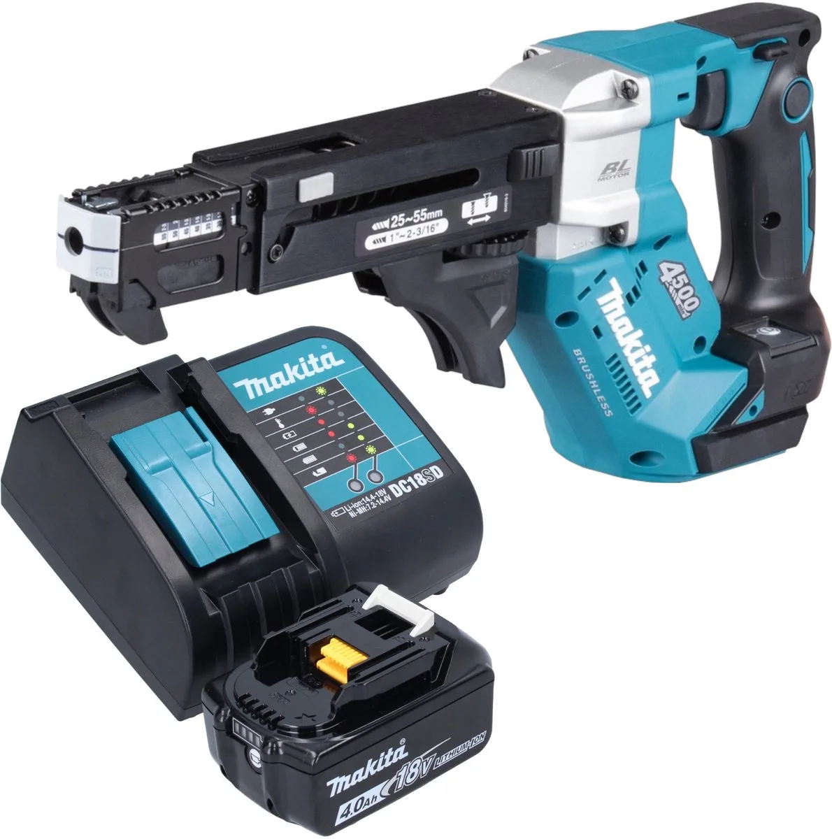 DFR 552 SM1 accu-magazijnschroevendraaier 18 V 25 - 55 mm borstelloos + 1x oplaadbare accu 4.0 Ah + lader van Makita – productafbeelding