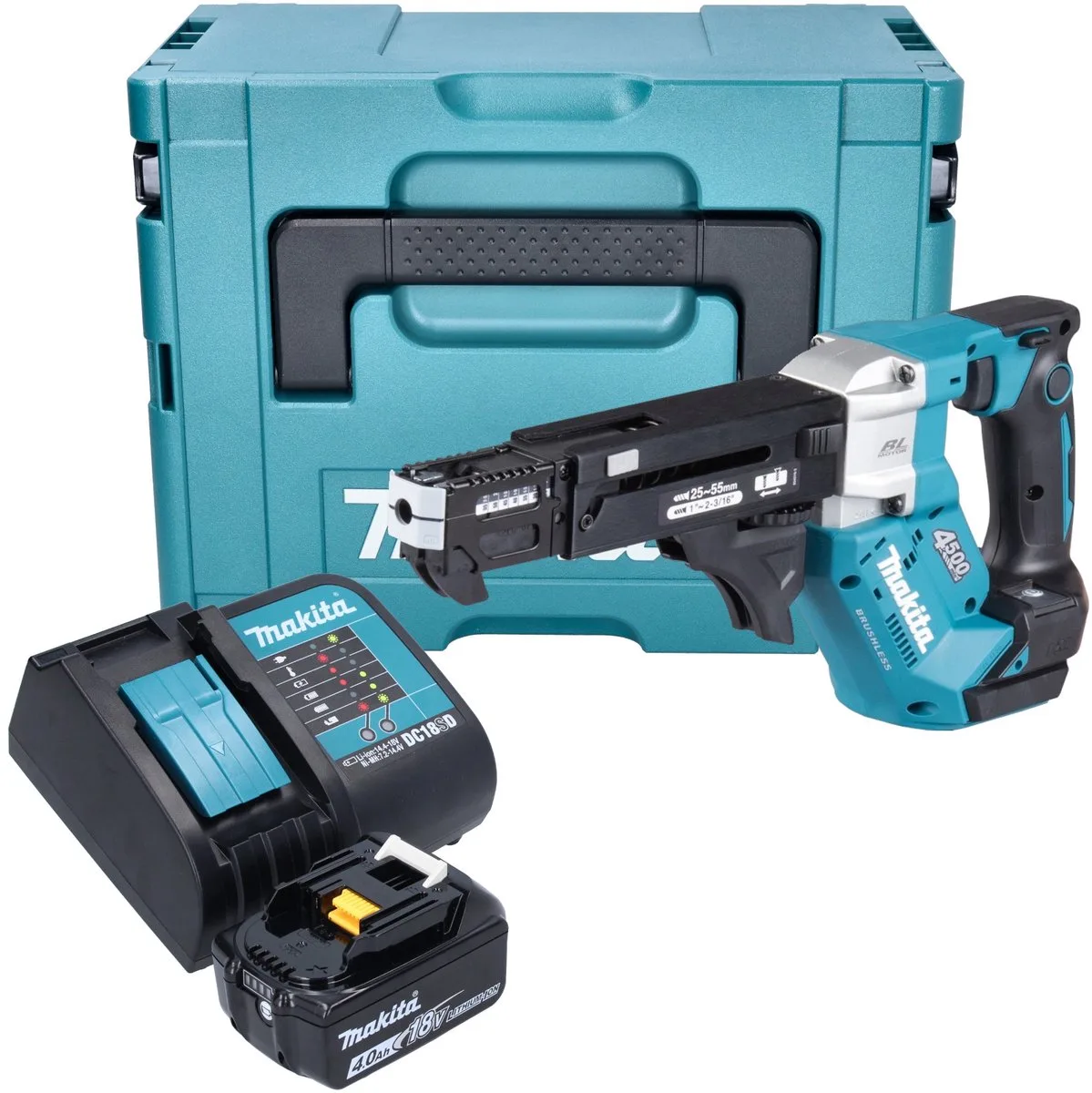 DFR 552 SM1J accu-magazijnschroevendraaier 18 V 25 - 55 mm borstelloos + 1x accu 4.0 Ah + lader + Makpac van Makita – productafbeelding
