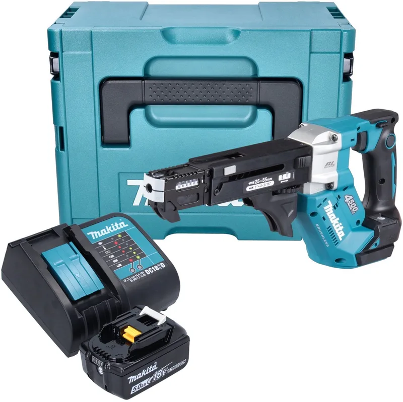 DFR 552 ST1J accu-magazijnschroevendraaier 18 V 25 - 55 mm borstelloos + 1x oplaadbare accu 5.0 Ah + lader + Makpac de Makita – image du produit