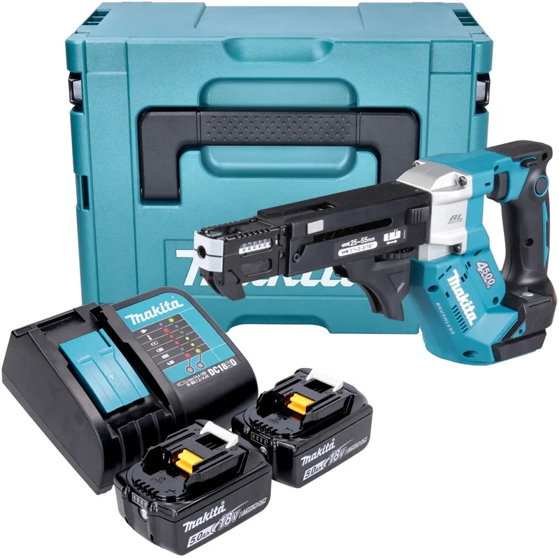 DFR 552 STJ accu-magazijnschroevendraaier 18 V 25 - 55 mm borstelloos + 2x accu 5.0 Ah + lader + Makpac von Makita – Produktbild