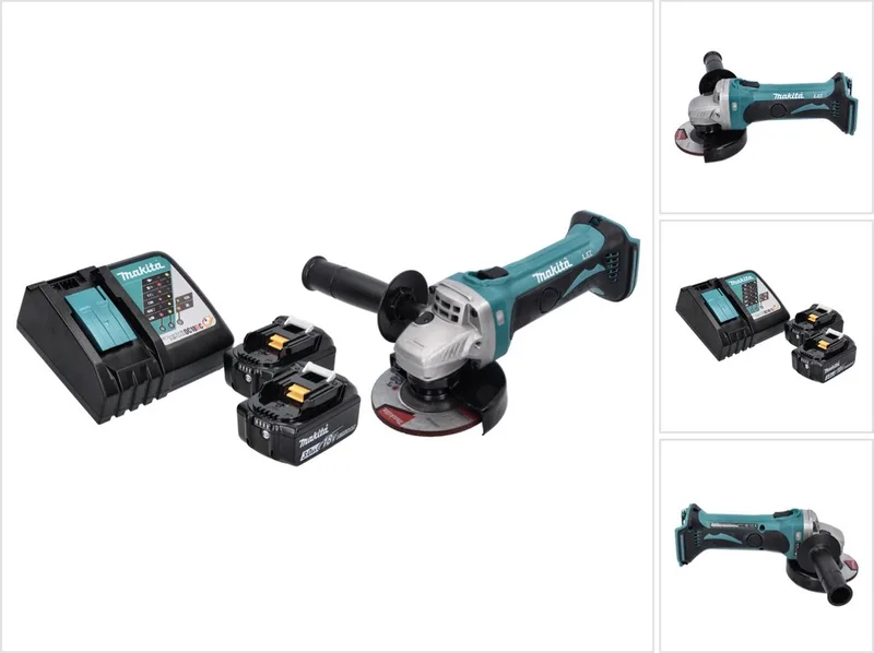DGA 452 RF accu haakse slijper 18 V 115 mm + 2x accu 3,0 Ah + oplader de Makita – image du produit