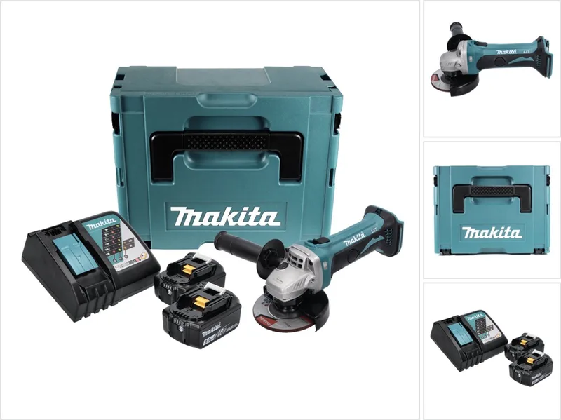 DGA 452 RFJ accu haakse slijper 18 V 115 mm + 2x accu 3,0 Ah + oplader + Makpac fra Makita – produktbillede