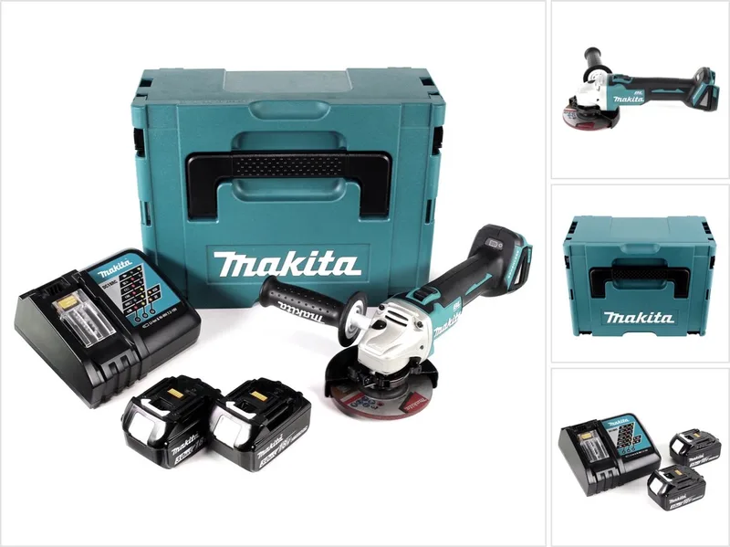 DGA 504 RFJ accu haakse slijper 18V 125mm borstelloos + 2x accu 3.0Ah + lader + Makpac de Makita – image du produit