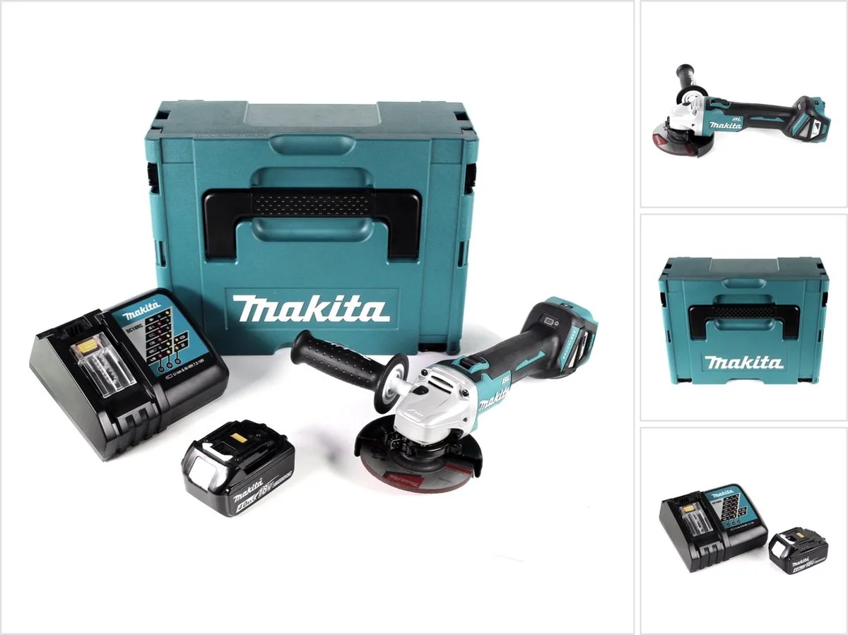 DGA 511 RM1J accu haakse slijper 18V 125mm borstelloos + 1x accu 4.0Ah + lader + Makpac de Makita – image du produit
