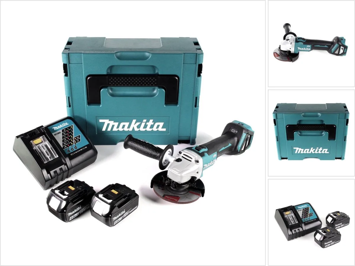DGA 511 RMJ accu haakse slijper 18V 125mm borstelloos + 2x accu 4.0Ah + lader + Makpac fra Makita – produktbillede
