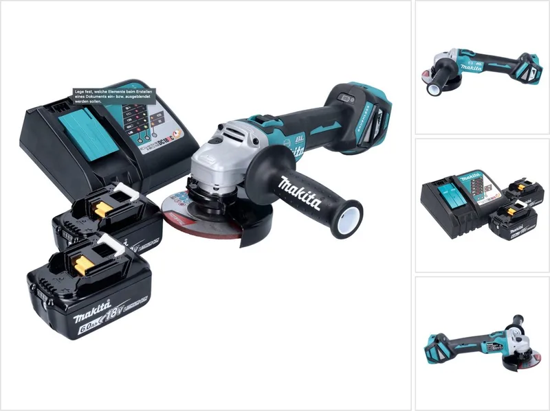 DGA 513 RG accu haakse slijper 18 V 125 mm borstelloos + 2x accu 6.0 Ah + lader de Makita – image du produit