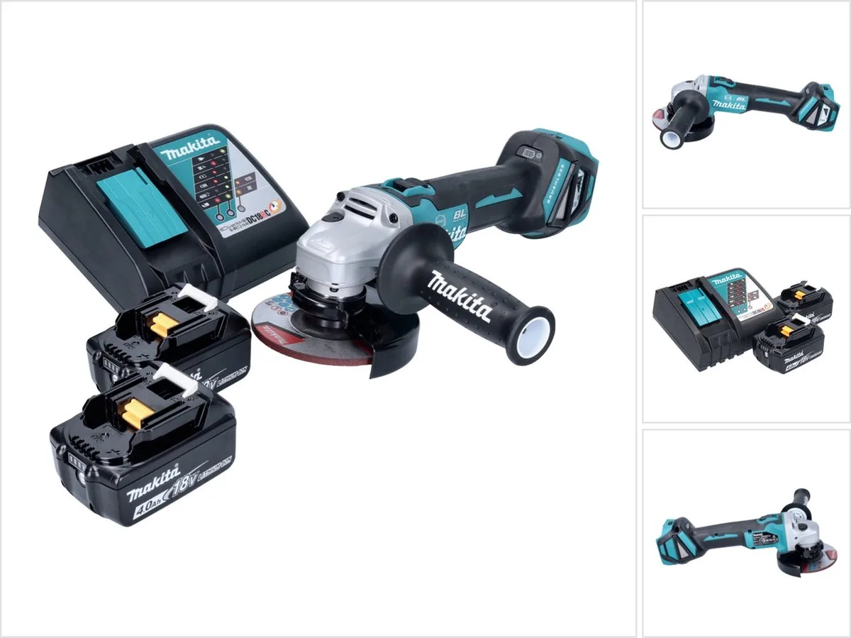 DGA 513 RM accu haakse slijper 18 V 125 mm borstelloos + 2x accu 4.0 Ah + lader van Makita – productafbeelding