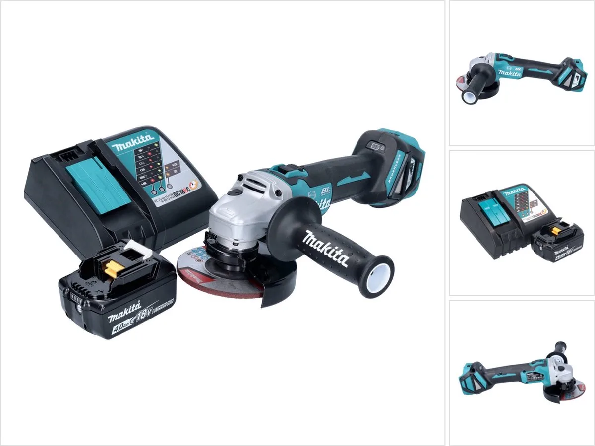 DGA 513 RM1 accu haakse slijper 18 V 125 mm borstelloos + 1x accu 4.0 Ah + lader van Makita – productafbeelding