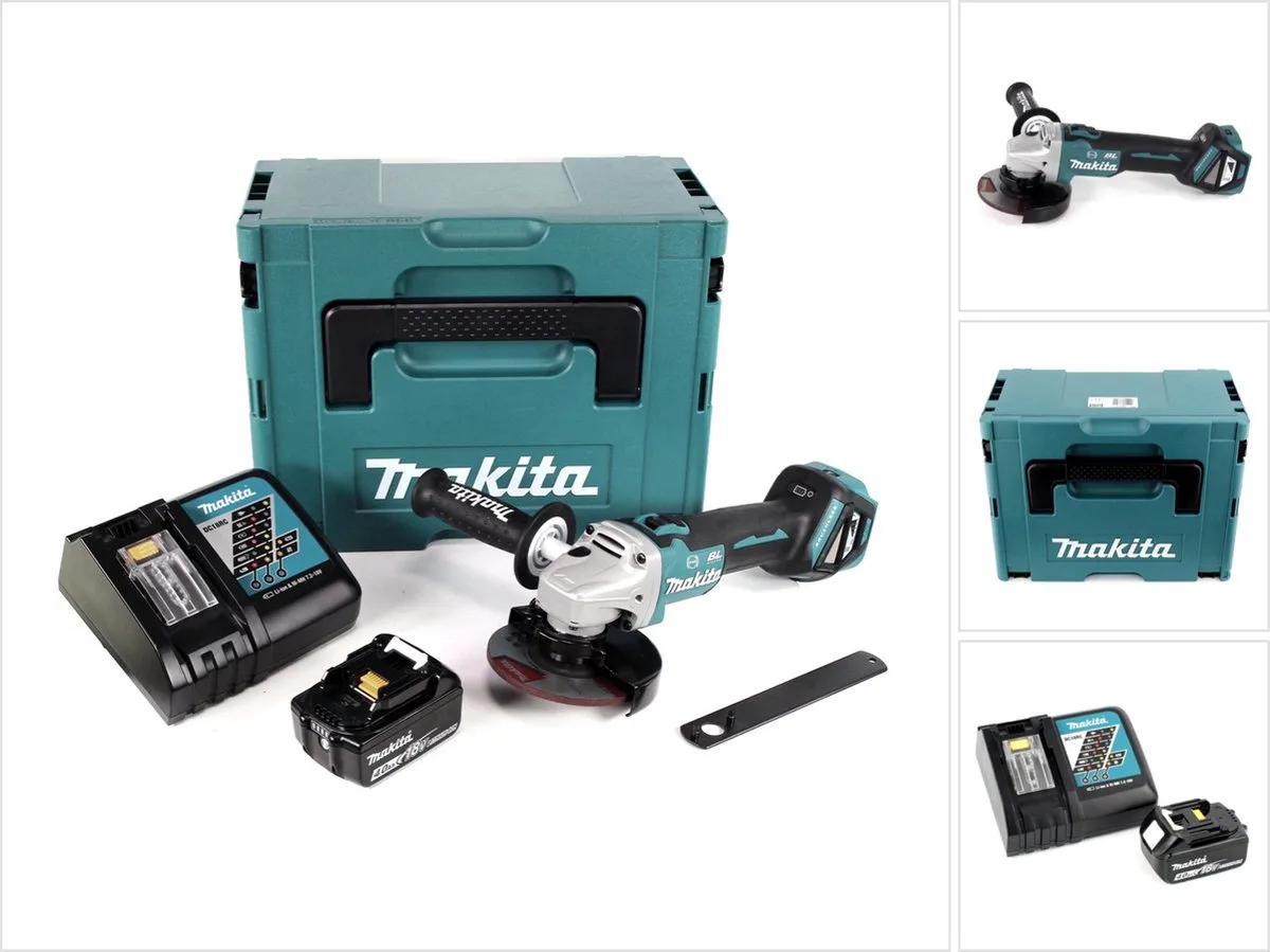 DGA 513 RM1J accu haakse slijper 18V 125mm borstelloos + 1x accu 4.0Ah + lader + Makpac van Makita – productafbeelding