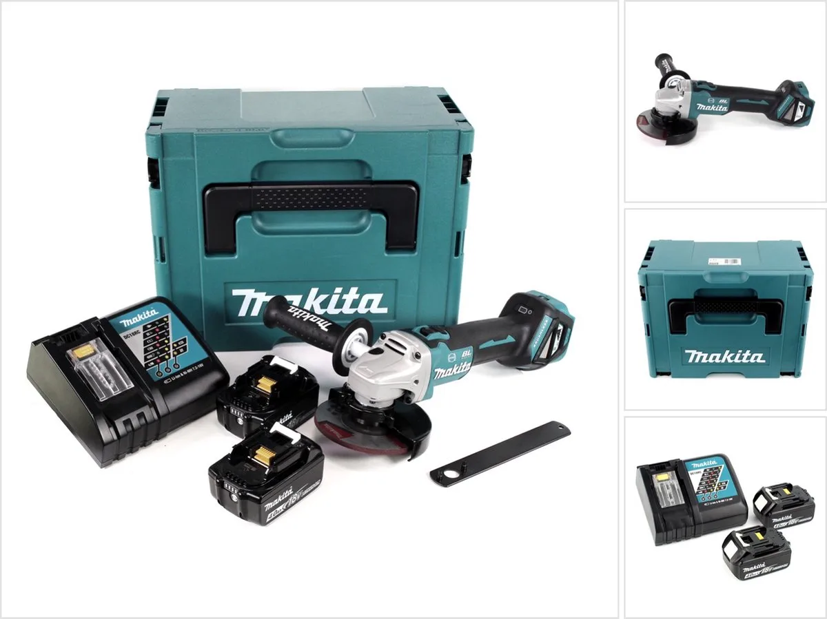 DGA 513 RMJ accu haakse slijper 18V 125mm borstelloos + 2x accu 4.0Ah + lader + Makpac by Makita – product image