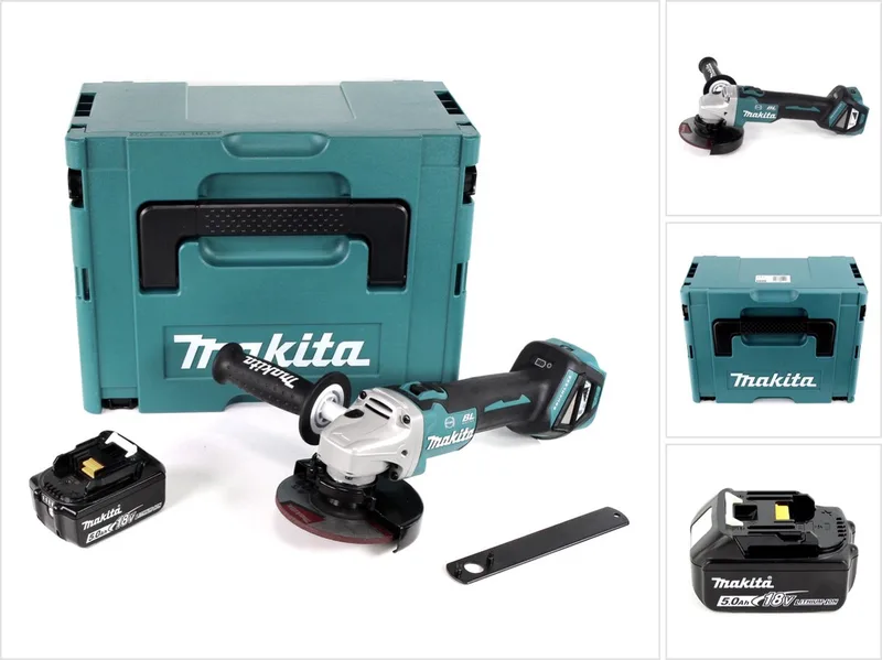DGA 513 T1J accu haakse slijper 18V 125mm borstelloos + 1x oplaadbare accu 5.0Ah + Makpac - zonder lader van Makita – productafbeelding